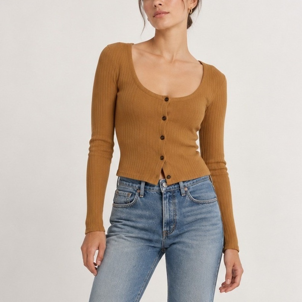 Madewell Ribbed Cardigan Crop Tee XXS Toffee Long Sleeve Button Front